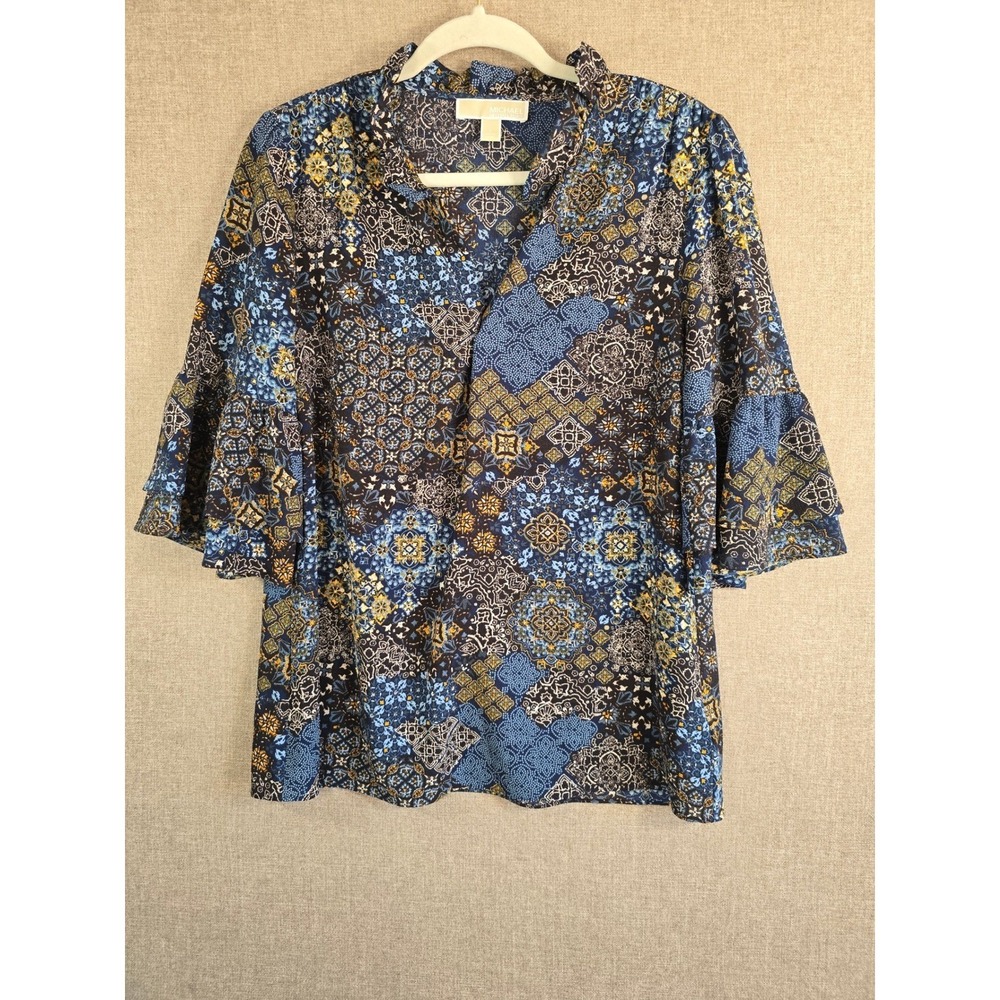 Michael Kors Womens L Blue Paisley Medallion Blouse Split Neck 3/4 Sleeve